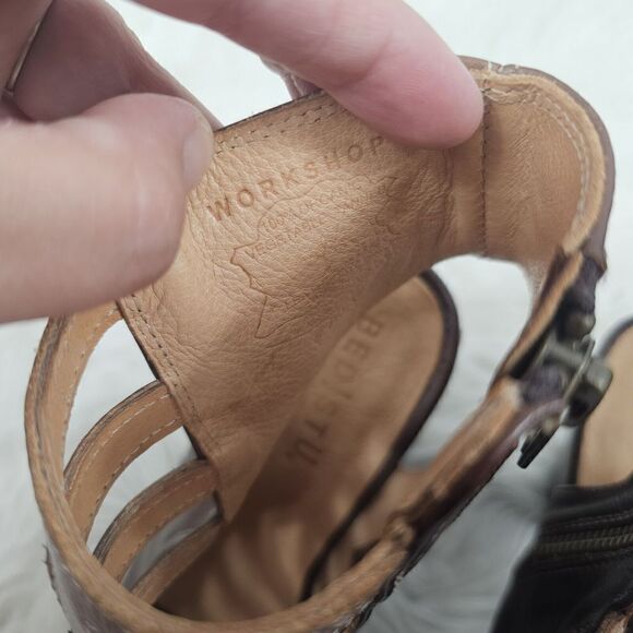 Bed Stu Occam Wedge Caged Sandals Sz 8 Teak Rustic Leather Peep Heels - Picture 6 of 10